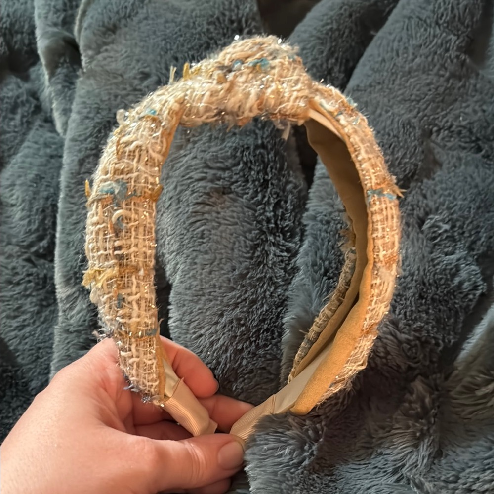 Cream and Blue Plush Hair Accessory with Arch Shape